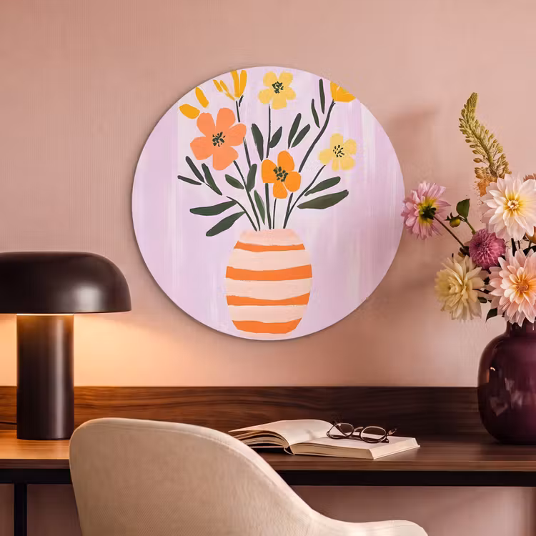 Akoestisch schilderij rond - Vaas - Gestreept - Bloemen - Oranje — 2