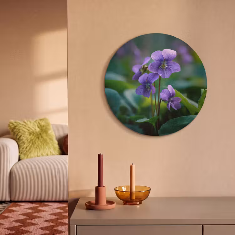Akoestisch schilderij rond - Viooltjes - Paars - Bloem - Bladeren — 3