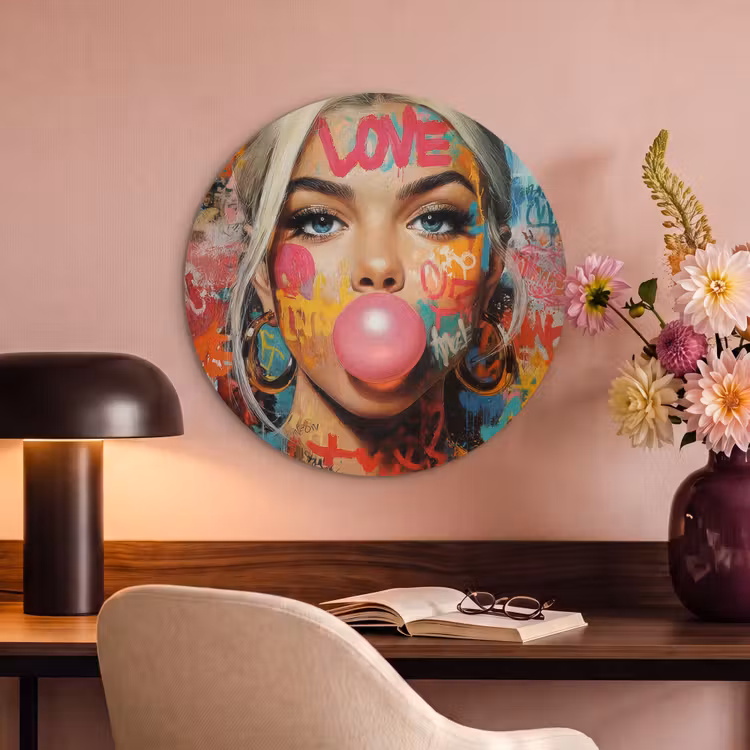 Akoestisch schilderij rond - Vrouw - Kauwgom - Graffiti - Love — 2