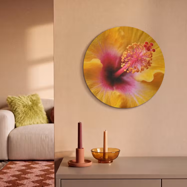 Akoestisch schilderij rond - Geel - Hibiscus - Tropisch — 3