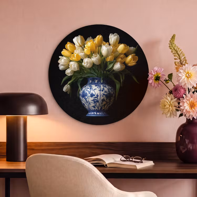 Akoestisch schilderij rond - Geel - Tulpen - Vaas - Bloemen — 2