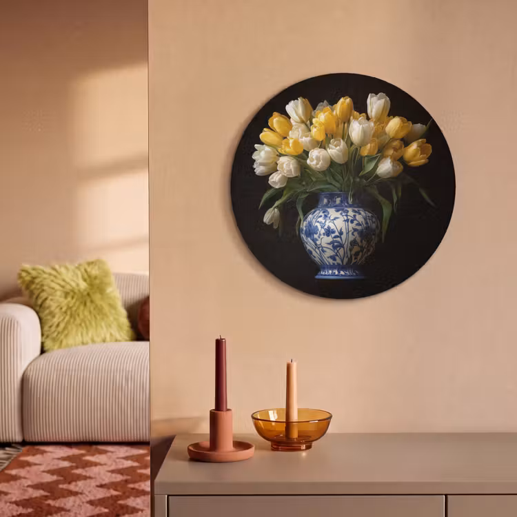 Akoestisch schilderij rond - Geel - Tulpen - Vaas - Bloemen — 3