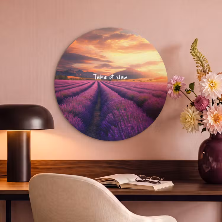 Akoestisch schilderij rond - Lavendelveld - Quote - Zonsondergang — 2