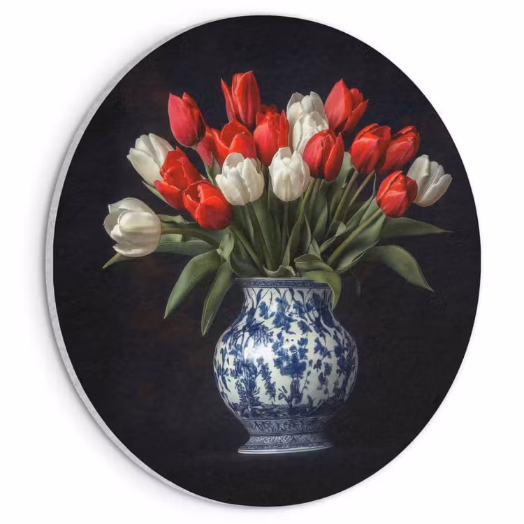 Akoestisch schilderij rond - Rode - Bloemen - Tulpen - Vaas — 1