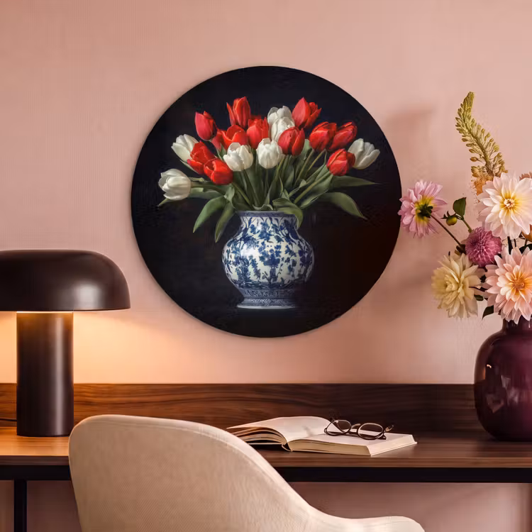 Akoestisch schilderij rond - Rode - Bloemen - Tulpen - Vaas — 2