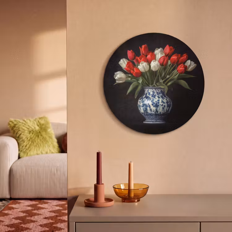 Akoestisch schilderij rond - Rode - Bloemen - Tulpen - Vaas — 3