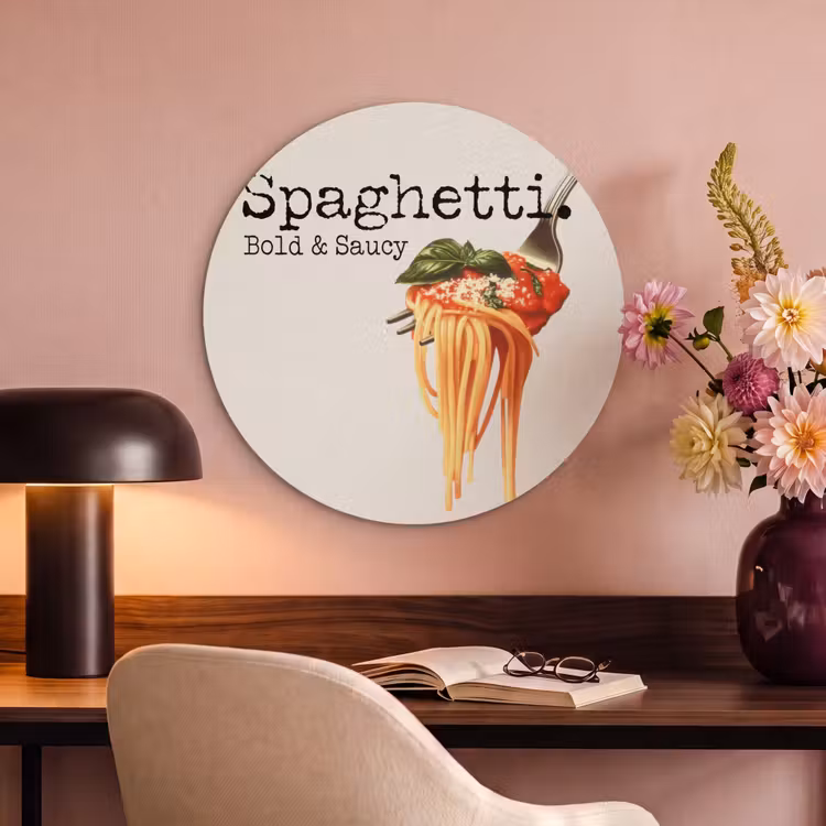 Akoestisch schilderij rond - Spaghetti - tomatensaus - Parmezaanse kaas — 2