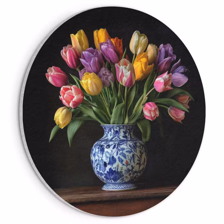 Akoestisch schilderij rond - Tulpen - Kleuren - Hout - Vaas — 1