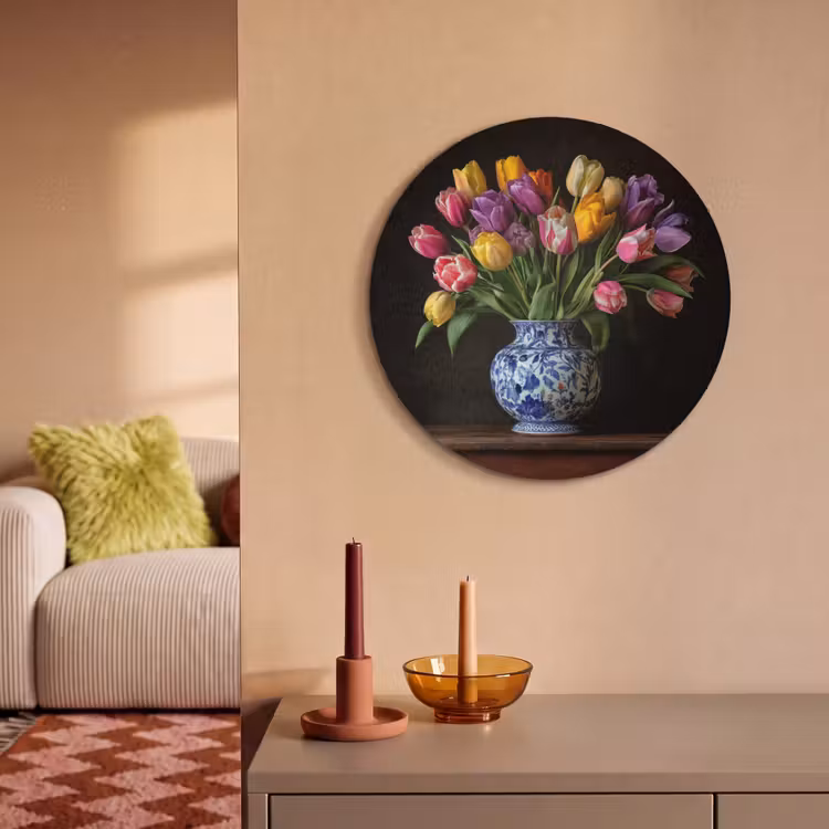 Akoestisch schilderij rond - Tulpen - Kleuren - Hout - Vaas — 3