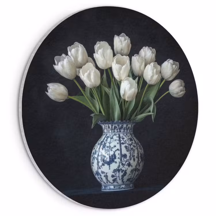 Akoestisch schilderij rond - Wit - Bloemen - Tulpen - Vaas — 1