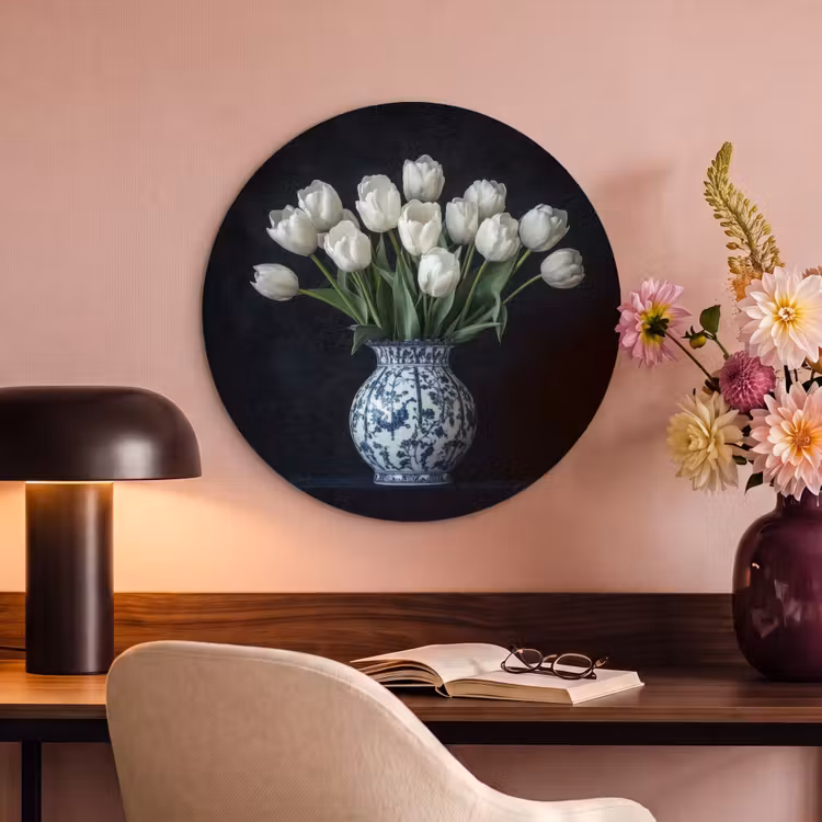 Akoestisch schilderij rond - Wit - Bloemen - Tulpen - Vaas — 2