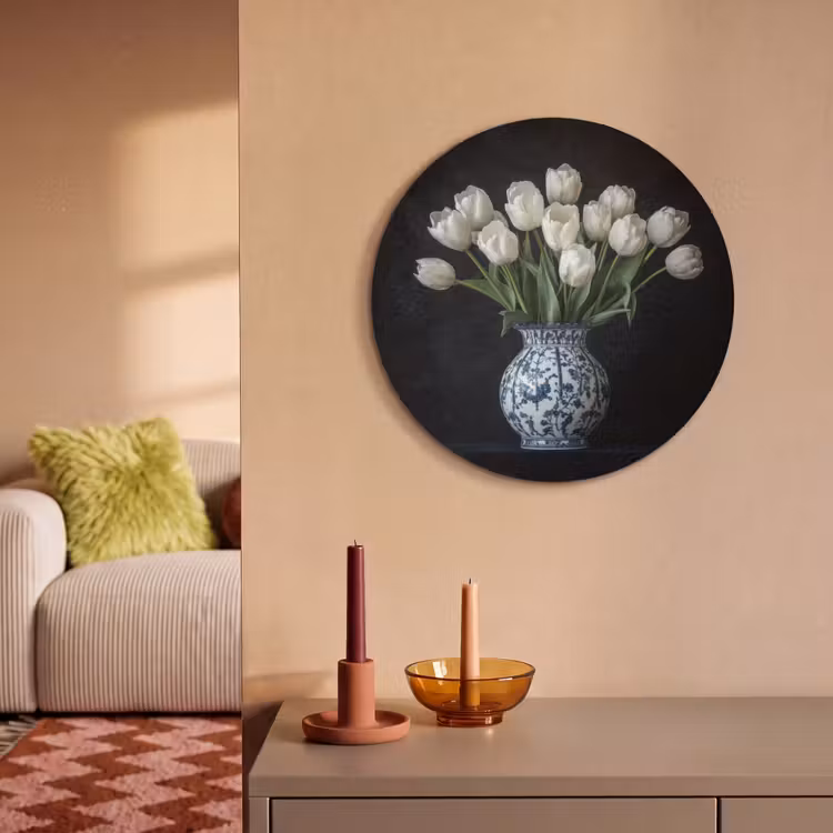 Akoestisch schilderij rond - Wit - Bloemen - Tulpen - Vaas — 3