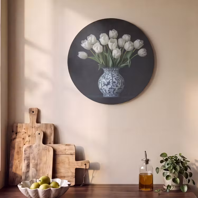 Akoestisch schilderij rond - Wit - Bloemen - Tulpen - Vaas — 4
