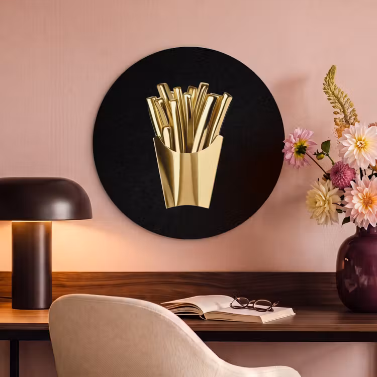 Akoestisch schilderij rond - Friet - Goud - Chrome - Eten — 2