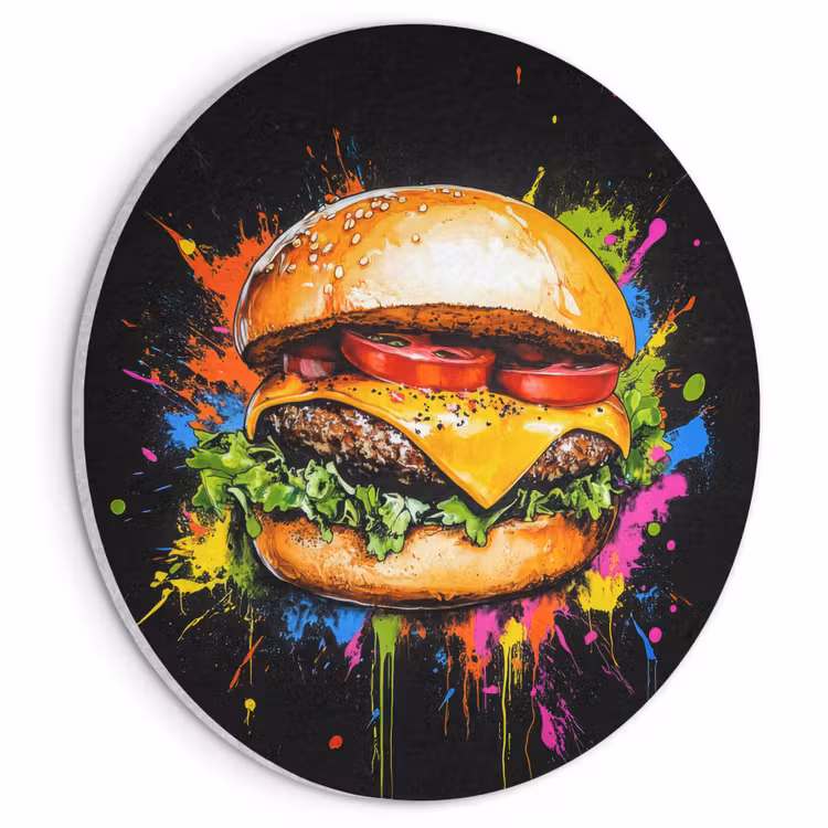 Akoestisch schilderij rond - Hamburger - Graffiti - Verf - Kleurrijk - Eten - Abstract — 1