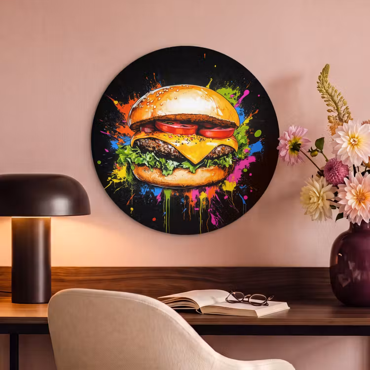 Akoestisch schilderij rond - Hamburger - Graffiti - Verf - Kleurrijk - Eten - Abstract — 2
