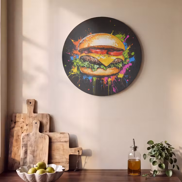Akoestisch schilderij rond - Hamburger - Graffiti - Verf - Kleurrijk - Eten - Abstract — 4