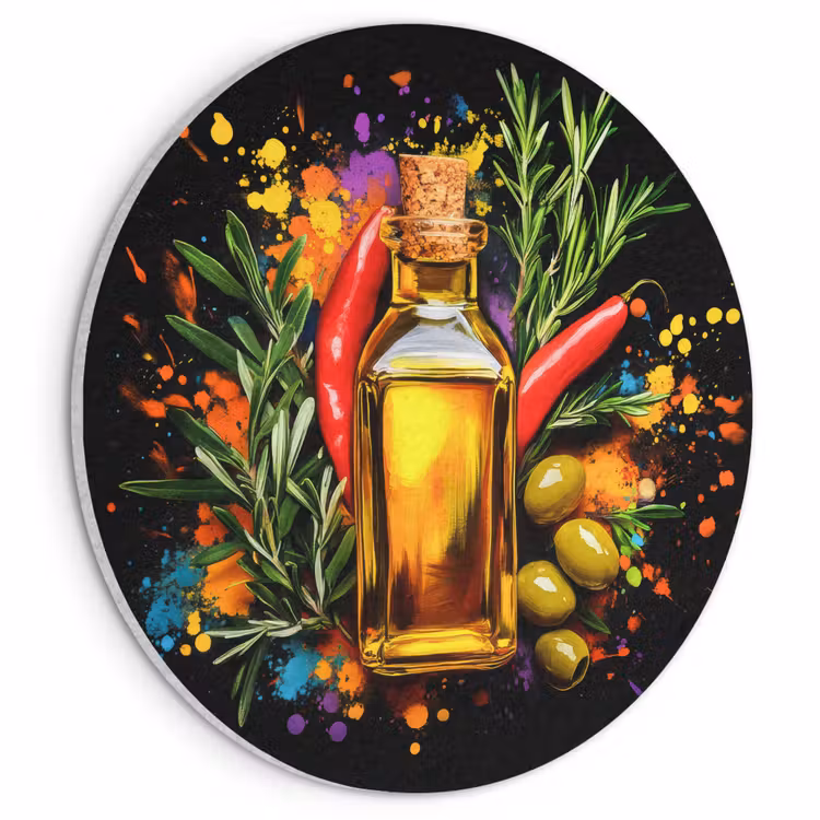 Akoestisch schilderij rond - Olijfolie - Graffiti - Peper - Olijven - Modern — 1