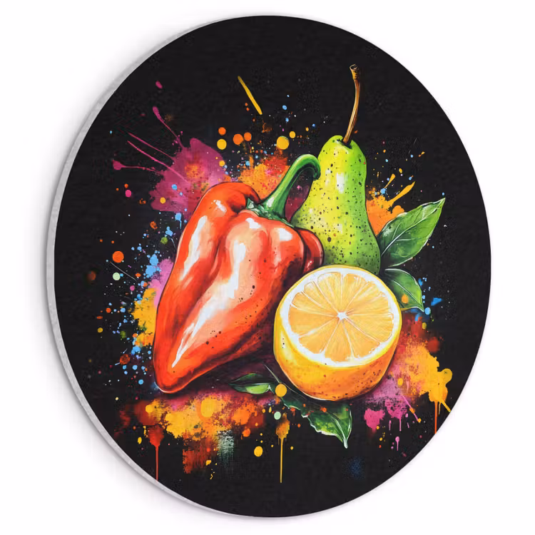 Akoestisch schilderij rond - Paprika - Peer - Citroen - Graffiti - Verf - Abstract — 1