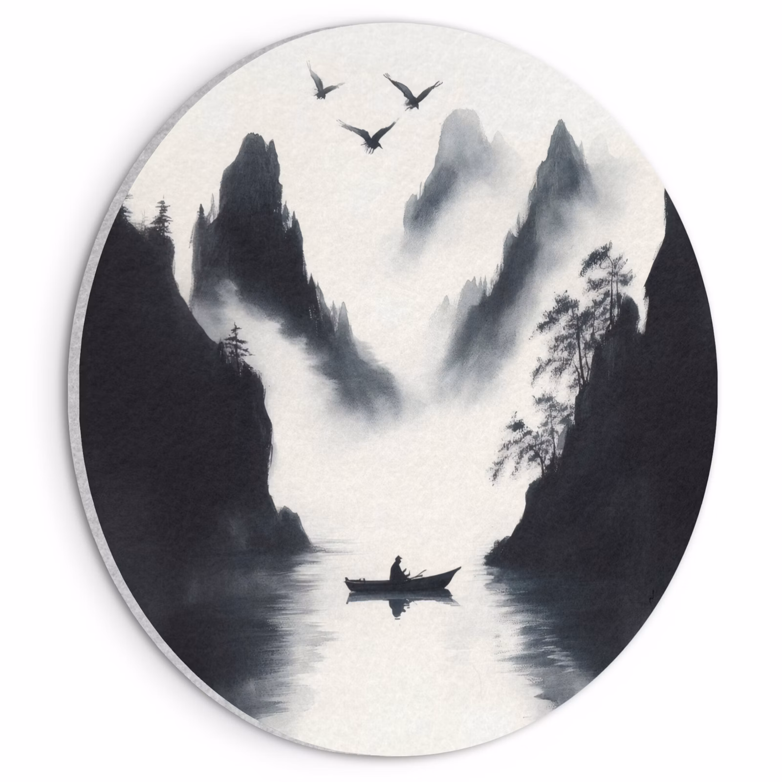 Akoestisch schilderij rond - Roeiboot - Mistig - Bergen - Vogels — 1