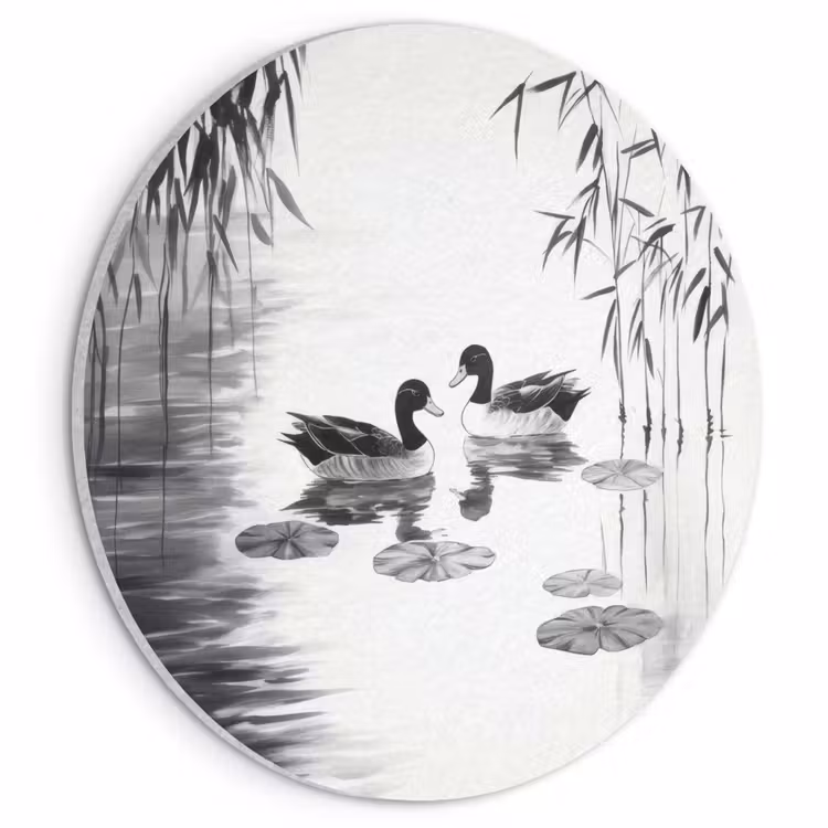 Akoestisch schilderij rond - Eenden - Waterlelies - Riet - Zwart — 1