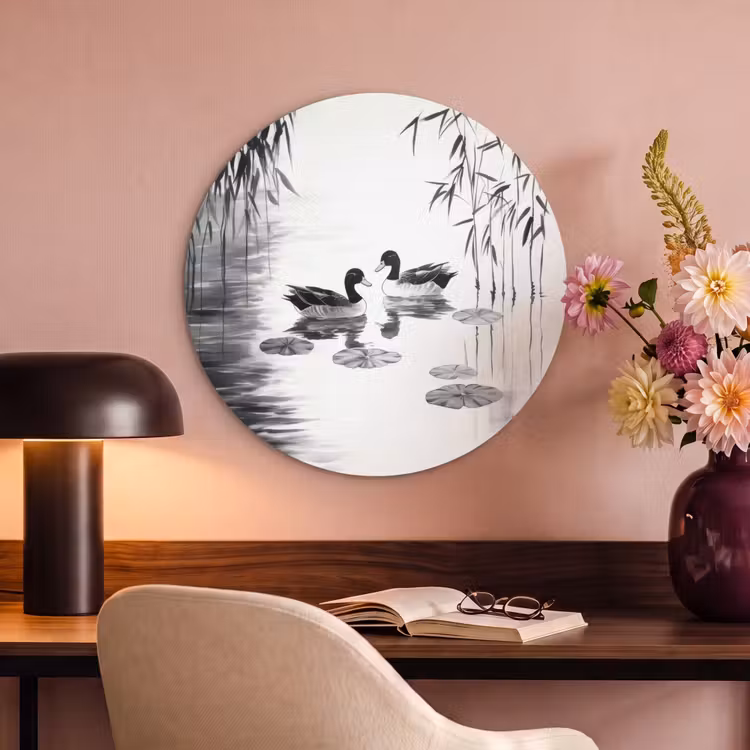 Akoestisch schilderij rond - Eenden - Waterlelies - Riet - Zwart — 2