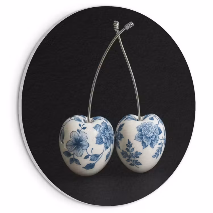 Akoestisch schilderij rond - Kersen - Delfts blauw - Fruit — 1