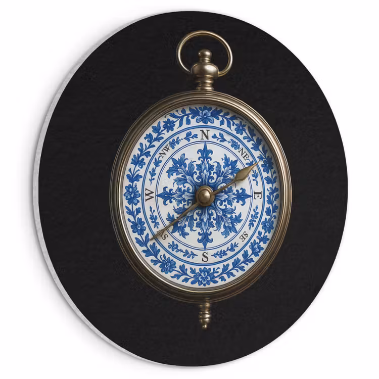Akoestisch schilderij rond - Kompas - Delfts blauw - Zwart — 1