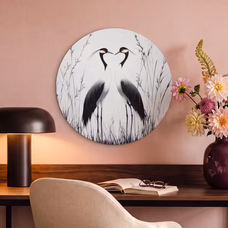 Akoestisch schilderij rond - Kraanvogels - Gras - Hartvorm - Zwart — 2