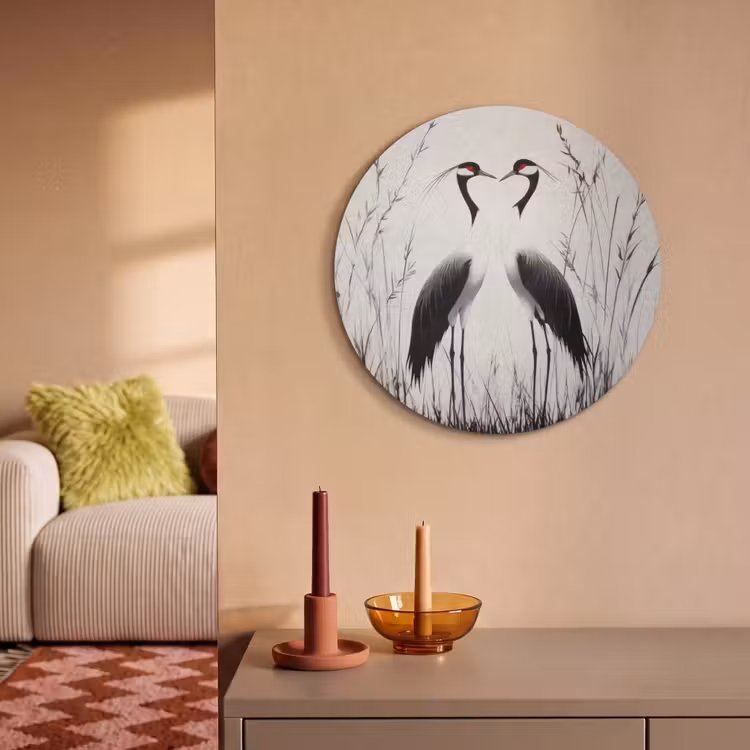 Akoestisch schilderij rond - Kraanvogels - Gras - Hartvorm - Zwart — 3