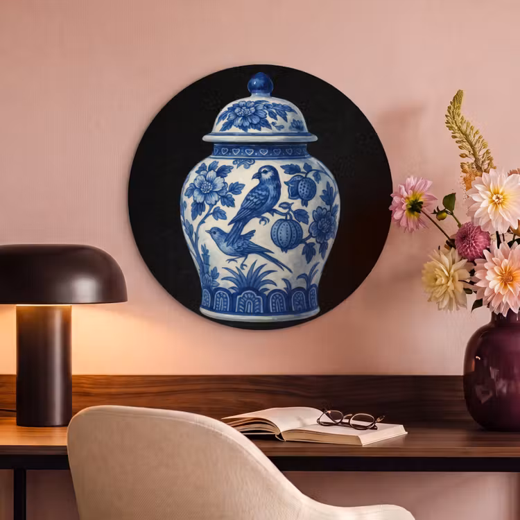 Akoestisch schilderij rond - Pot - Delfts Blauw - Bloemen — 2