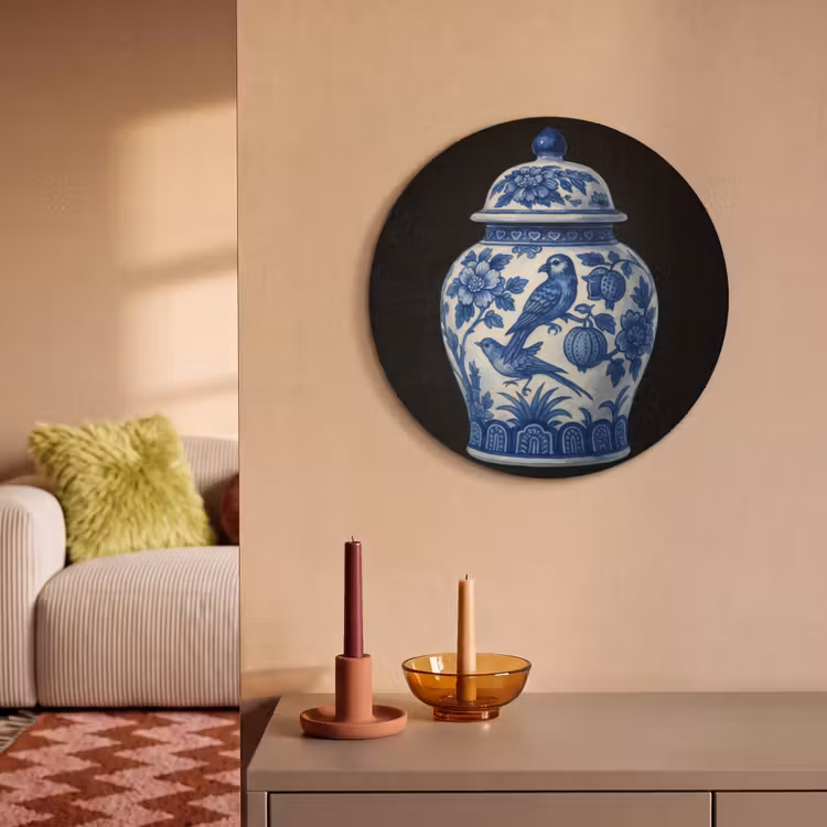 Akoestisch schilderij rond - Pot - Delfts Blauw - Bloemen — 3