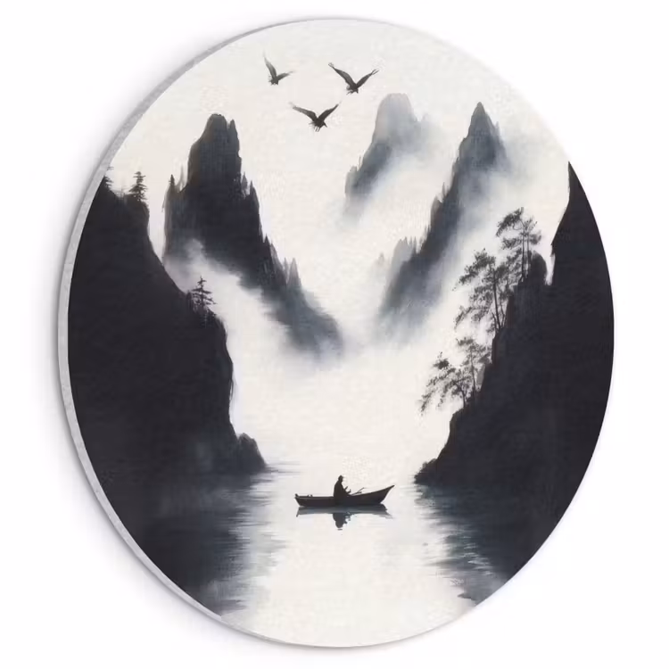 Akoestisch schilderij rond - Roeiboot - Mistig - Bergen - Vogels — 1