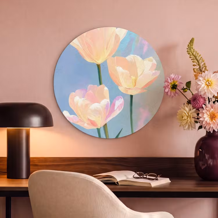 Akoestisch schilderij rond - Tulpen - Roze accenten - Blauw — 2