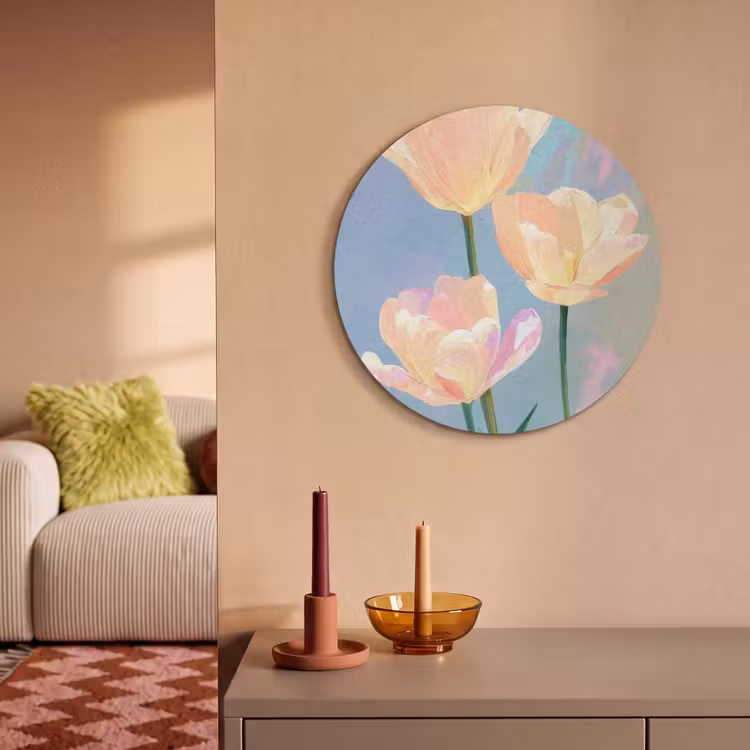 Akoestisch schilderij rond - Tulpen - Roze accenten - Blauw — 3