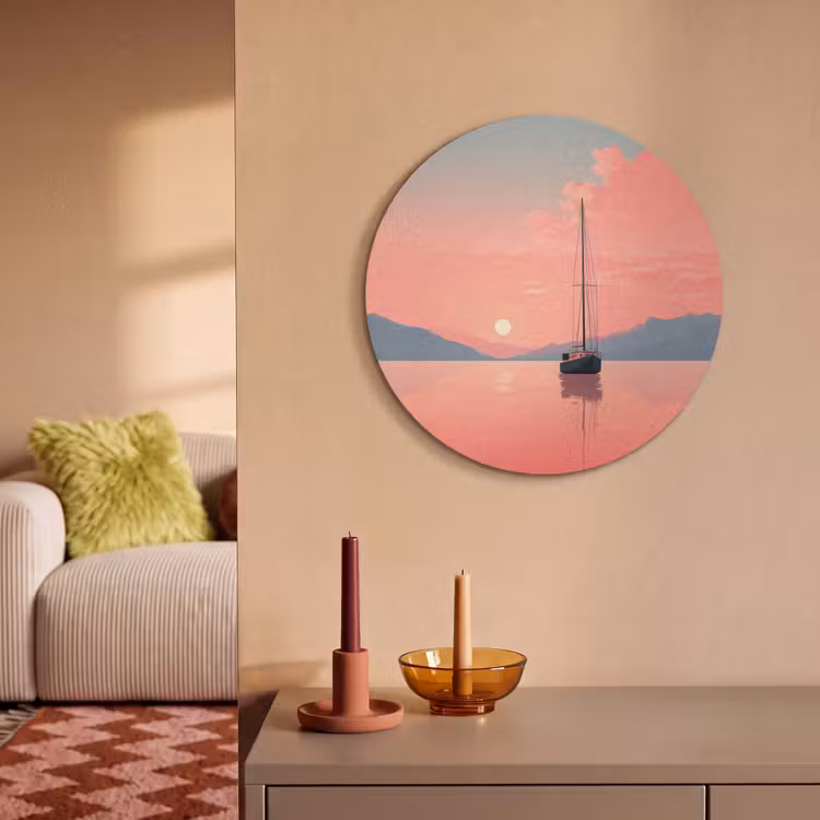 Akoestisch schilderij rond - Zeilboot - Roze zee - Zonsondergang - Bergen — 3