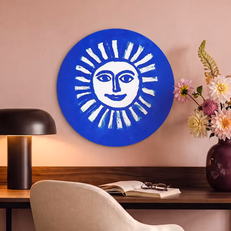Akoestisch schilderij rond - Zon - Gezicht - Penseelstructuur - Blauw — 2