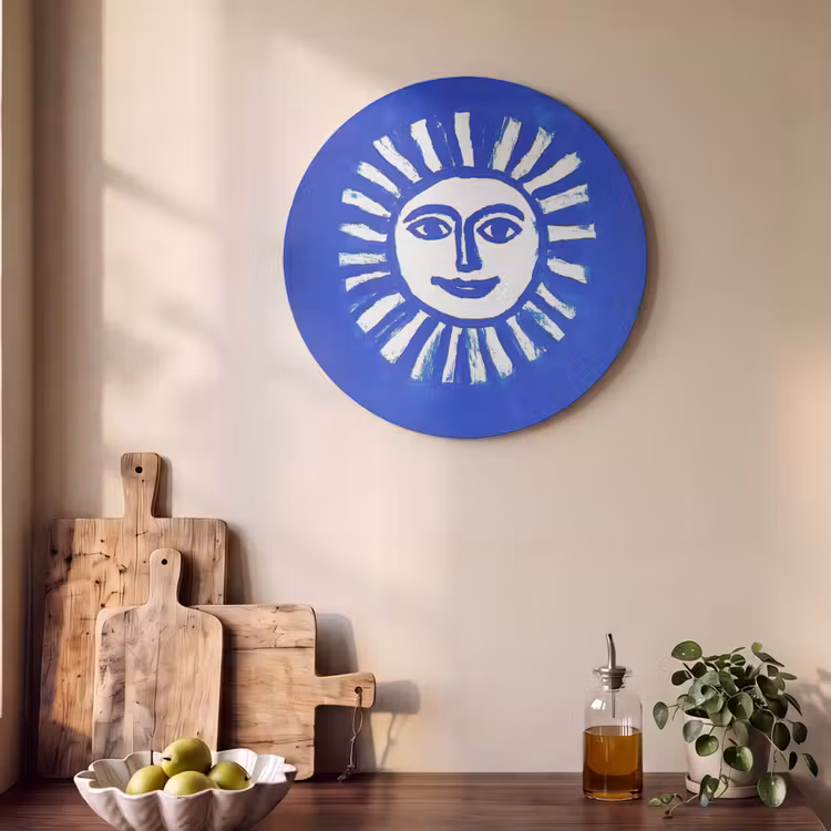 Akoestisch schilderij rond - Zon - Gezicht - Penseelstructuur - Blauw — 4