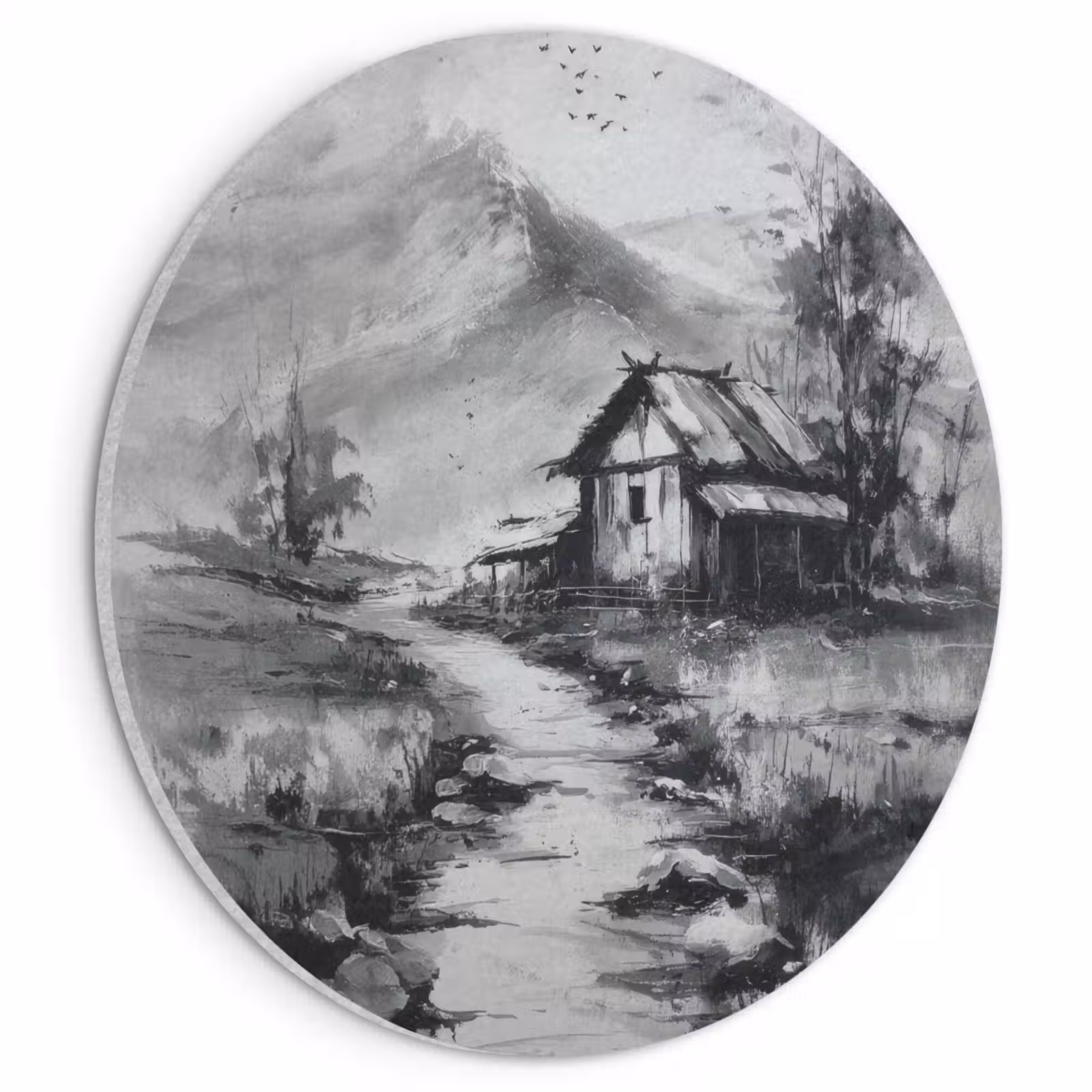 Akoestisch schilderij rond - Hut - Grijs - Bergen - Mistig — 1