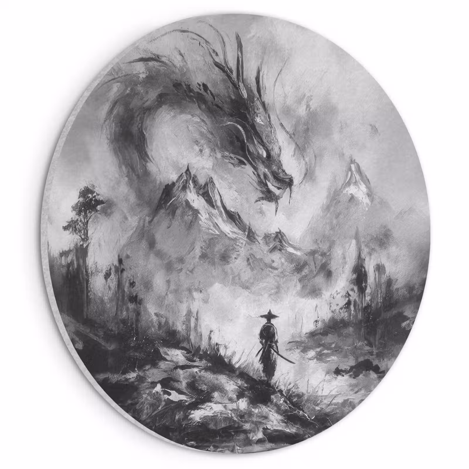 Akoestisch schilderij rond - Krijger - Draak - Grijs — 1