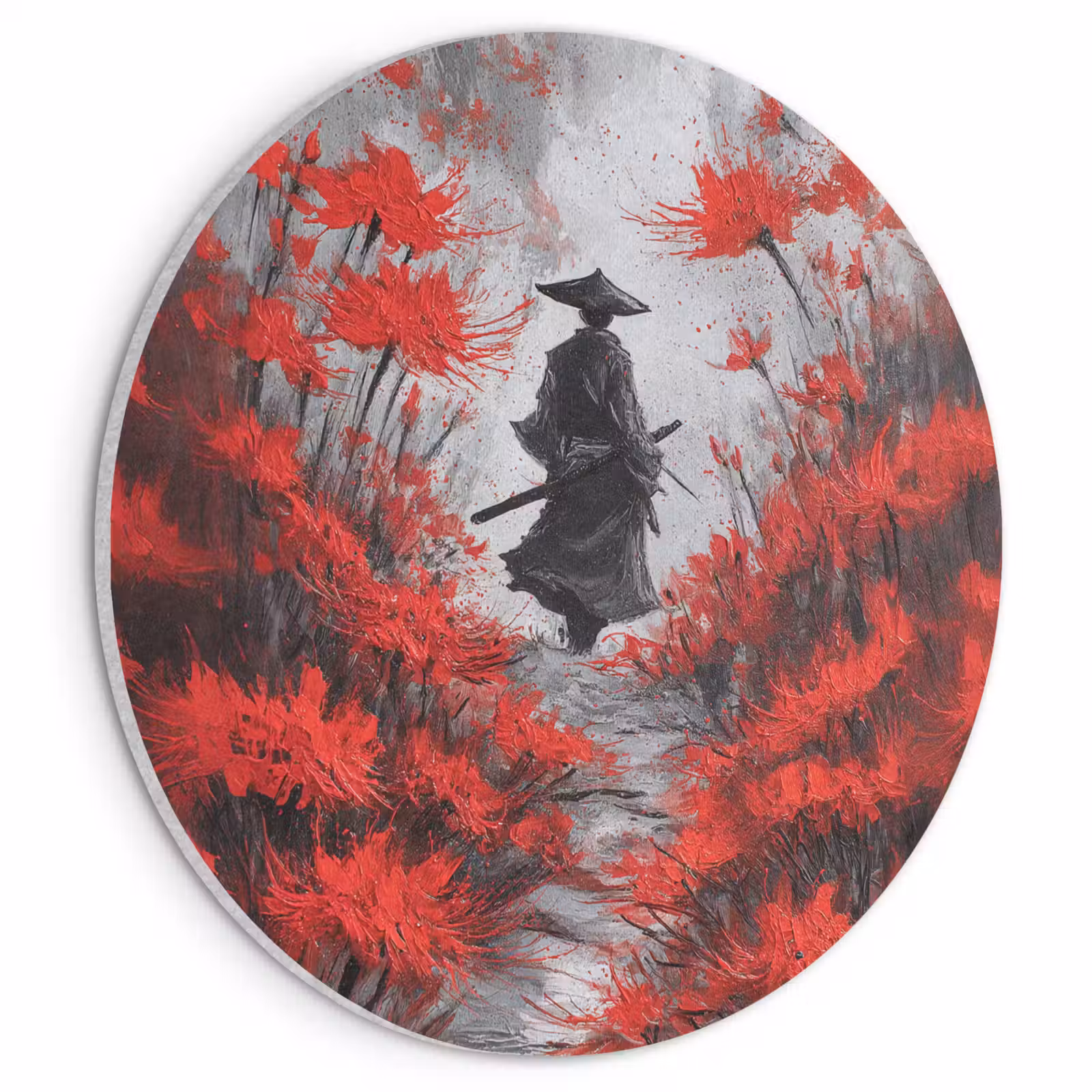 Akoestisch schilderij rond - Rode bloemen - mistig - Man — 1