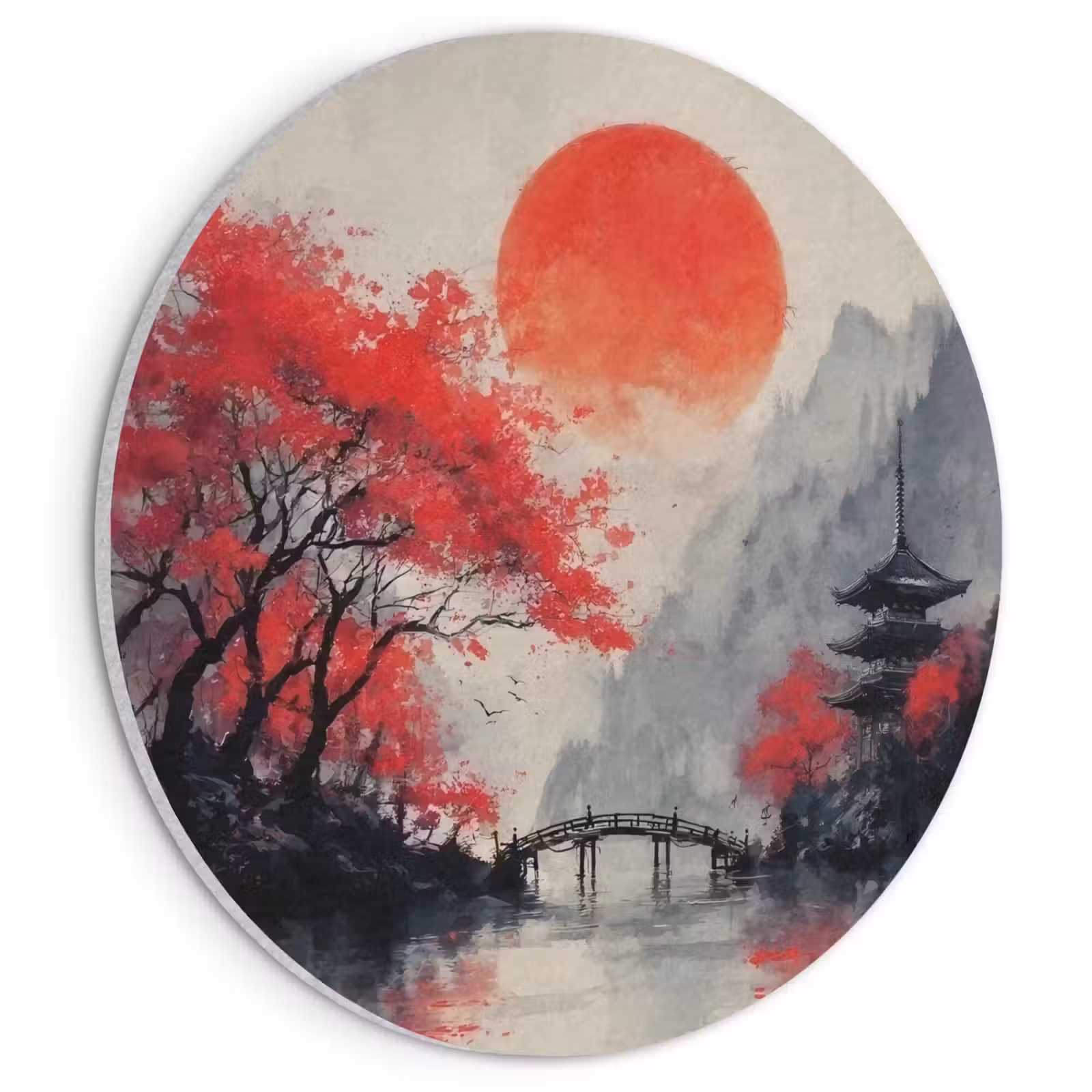 Akoestisch schilderij rond - Rode zon - Rivier - brug - Bomen — 1