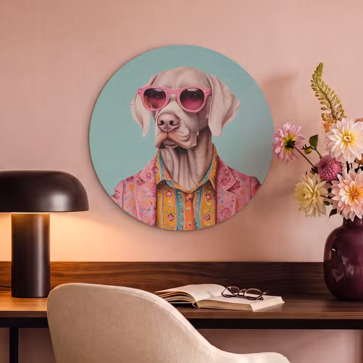 Akoestisch schilderij rond - Hond - Overhemd - Bloemen - Bril — 2