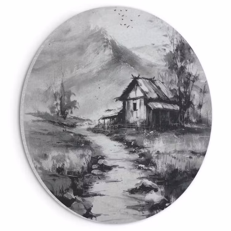 Akoestisch schilderij rond - Hut - Grijs - Bergen - Mistig — 1