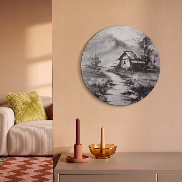Akoestisch schilderij rond - Hut - Grijs - Bergen - Mistig — 3