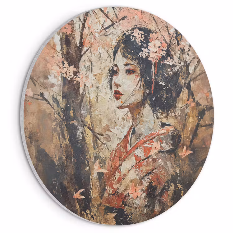 Akoestisch schilderij rond - Kimono - Vrouw - kersenbomen — 1