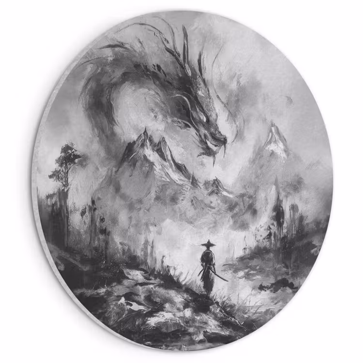 Akoestisch schilderij rond - Krijger - Draak - Grijs — 1