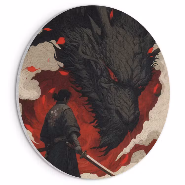 Akoestisch schilderij rond - Krijger - Draak - Zwart - Rood - Rook — 1
