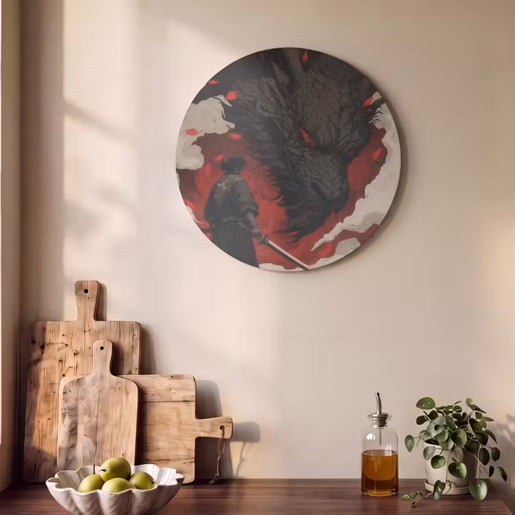 Akoestisch schilderij rond - Krijger - Draak - Zwart - Rood - Rook — 4