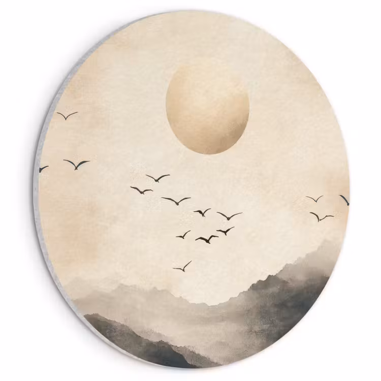 Akoestisch schilderij rond - Landschap - Japandi - vogel — 1
